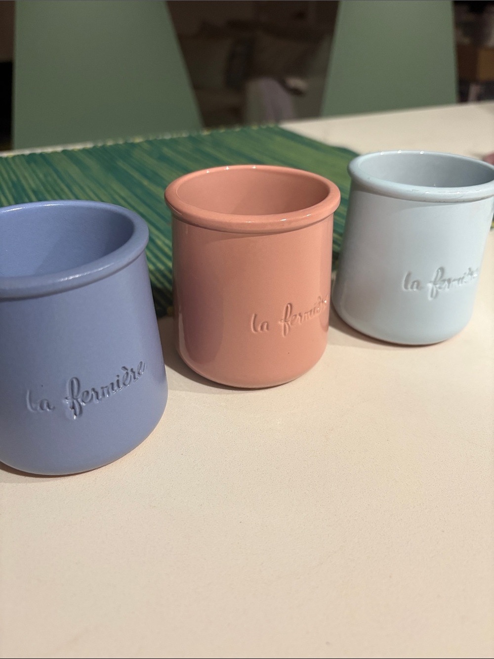 3 La Fermière Yogurt Pots Periwinkle, Seashell Pink & Sky Blue